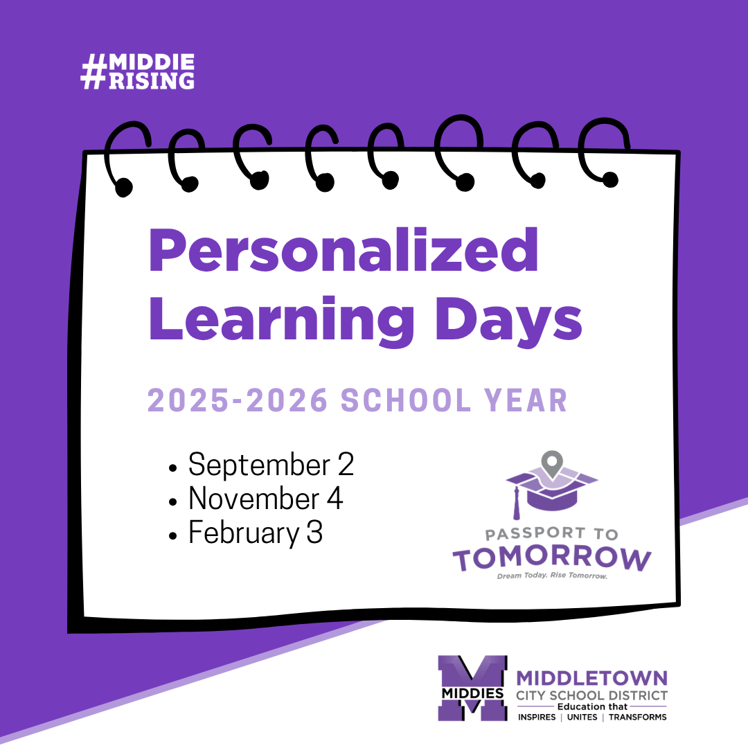 Purple graphic with text information about Personalized Learning Days on a calendar image